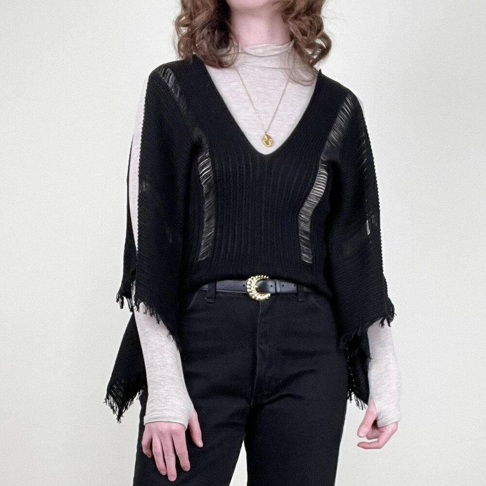 Vintage 90s Y2K French Open Knit Poncho Cape Sweater Boho Blouse Fringe Bohemian